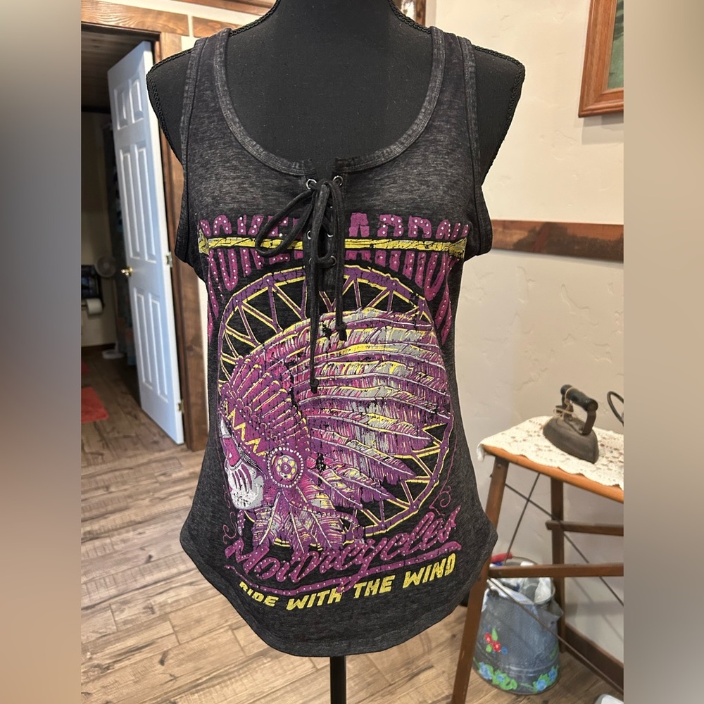 Purple and Black Graphic Tie Front Tank Top